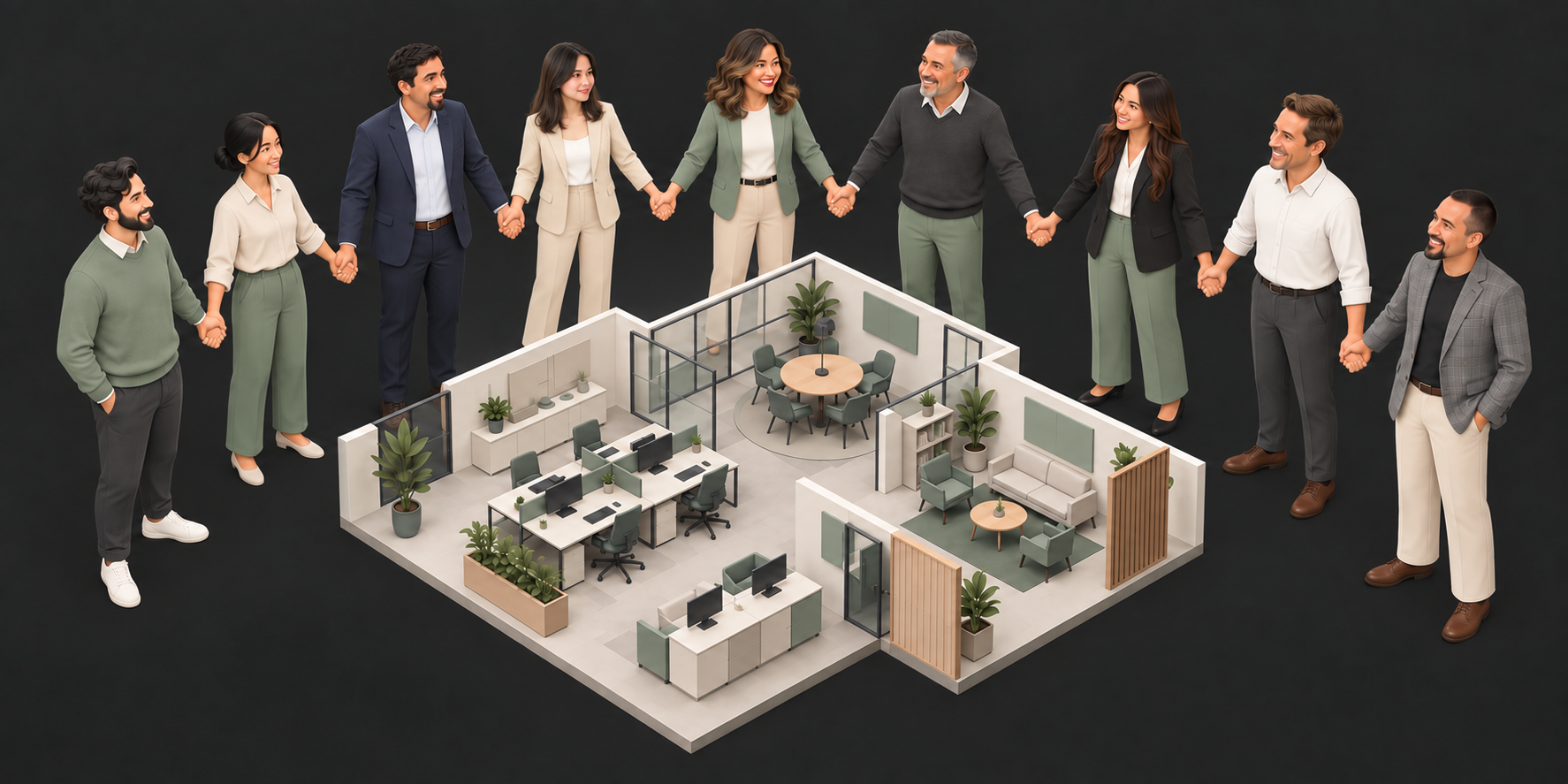 Nine ASI team members and project partners gathered around a connected workplace